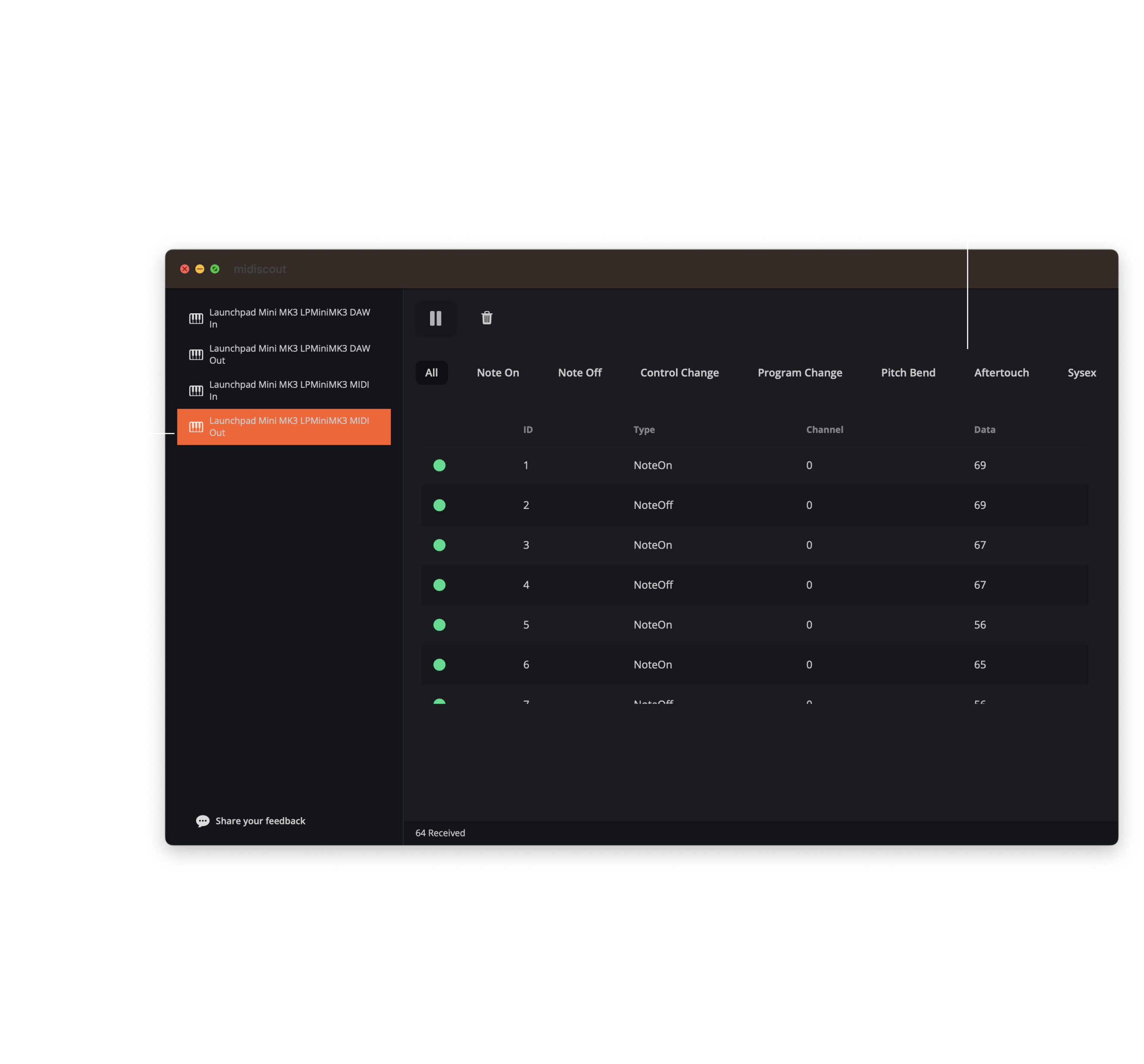 Screenshot of MIDI Scout with details of key features.